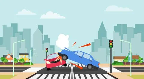 Car accident on zebra crosswalk intersection with traffic lights in city Stock Illustration