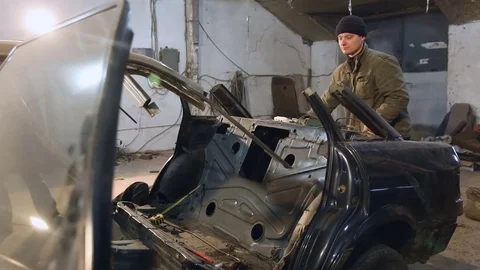 Car after the accident. Replacement back of car Stock Footage 76210037