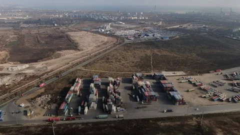 Car and container terminal flying drone Stock Footage 122586367
