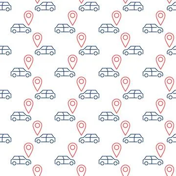 Car and Red Map pointer vector Location line seamless pattern Stock Illustration