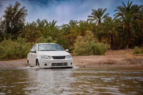 Car approaching a river in the oasis in the desert at daytime Stock Photos
