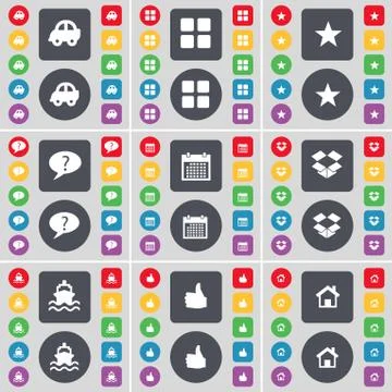 Car, Apps, Star, Chat bubble, Calendar, Dropbox, Ship, Like, House icon symbol. Stock Illustration