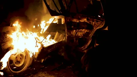 Car Arson In Protest, Burning Car, Rioters Staged A Mess Night Stock Footage 98587922