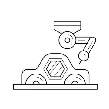 Car assembly with a robotic arm vector line icon. Illustrazione stock