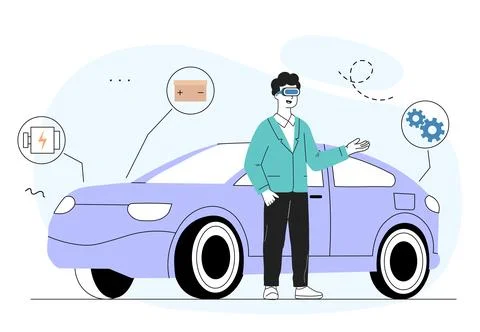 Car assembly virtual tools. Man in virtual reality glasses assesses condition of Stock Illustration