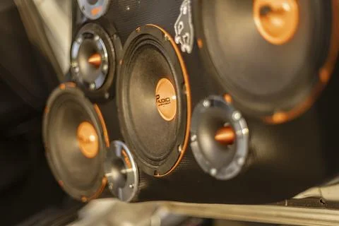 Car audio system showing powerful speakers and tweeters Stock Photos