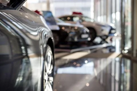 Car auto dealership. New cars at dealer showroom. Prestigious vehicles. Stock Photos