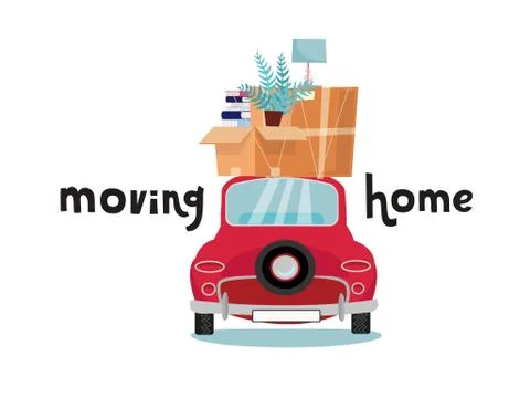 Car back View With stack of baggage, boxes, furniture on white background. Re Stock Illustration