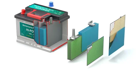 Car battery with abstract label assembly animation - 3D animation 스톡 동영상 250588538