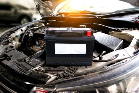 Car battery , battery placed on engine compartment for car electronic system Stock Photos