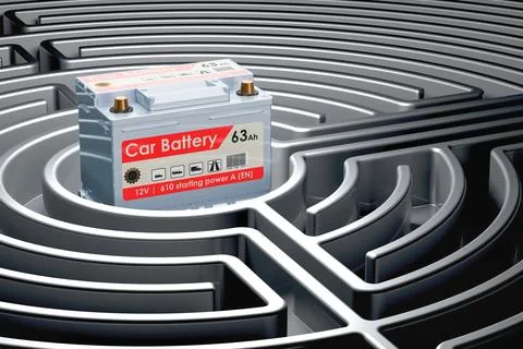 Car battery inside labyrinth maze. 3D rendering Stock Illustration