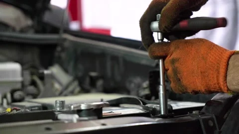 Car battery replacement. close-up. auto repair station. Stock Footage 205232860