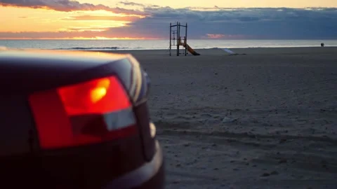 Car in the beach. Engine start with audio. Nice bokeh. Video stock 168204420