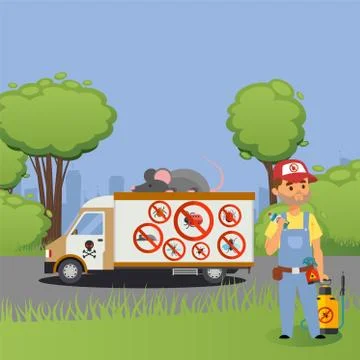 Car with big mouse, control of pests, working character male, toxic, poison Stock Illustration