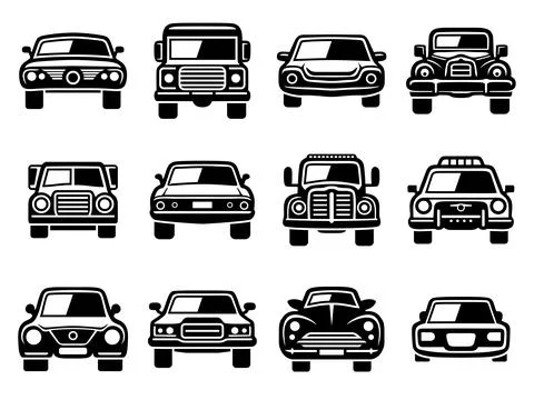Car black icon set front view. Vehicle collection. Car silhouettes face Stock Illustration