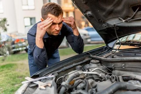 Car breakdown concept. The car will not start. The young man is trying to fix Stock Photos