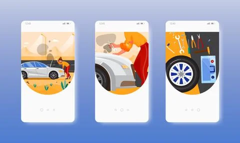 Car breakdown. Spare wheel, toolbox. Mobile app screens, vector website banner イラスト素材