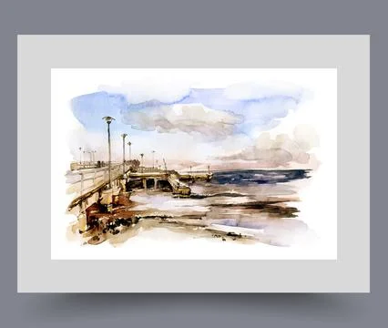 Car bridge with lanterns passes over city river, under blue sky on wall art Ilustração Stock