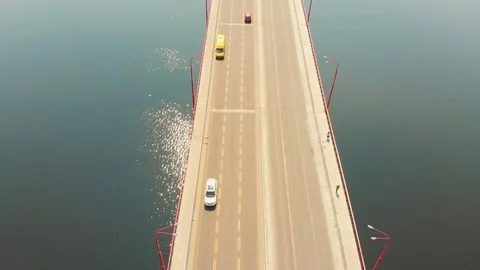Car bridge through the river. View from air. Video stock 107273639
