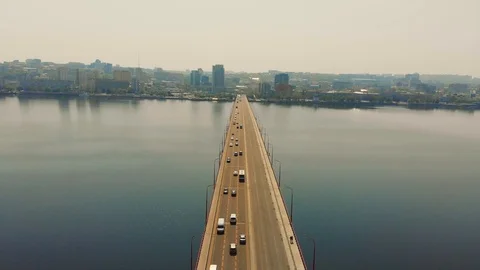 Car bridge through the river. View from air. Video stock 107273643