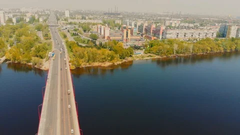 Car bridge through the river. View from air. Video stock 107273684