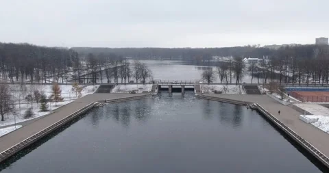 The car is on the bridge. Waterfall. Nice view of the car from the air. Stock Footage 144875985