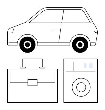 Car, briefcase, and washing machine in minimalist line art style. Ideal for t Stock Illustration