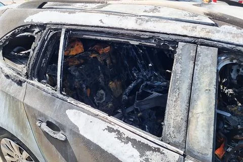 The car burned down. After the car burned down, the fire suddenly began to Stock Photos