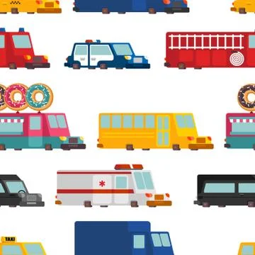 Car cartoon seamless pattern. Fire engine and police car. ambulance and taxi. 스톡 일러스트