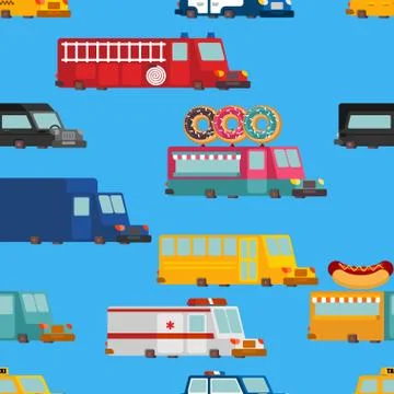 Car cartoon seamless pattern. Fire engine and police car. ambulance and taxi. 스톡 일러스트