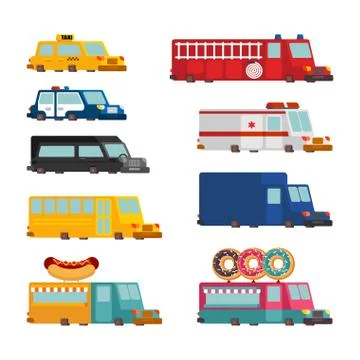 Car cartoon set. Fire engine and police car. ambulance and taxi. Fast food tr Stock Illustration