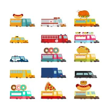 Car cartoon set. Fire engine and police car. ambulance and taxi. Fast food tr Stock Illustration