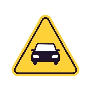 Car caution sign. Yellow triangular warning sign with a car symbol, indicat.. Stock Illustration