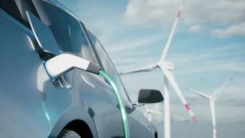 Car charging on the background of a windmills. Charging electric car Stock Footage 151791167