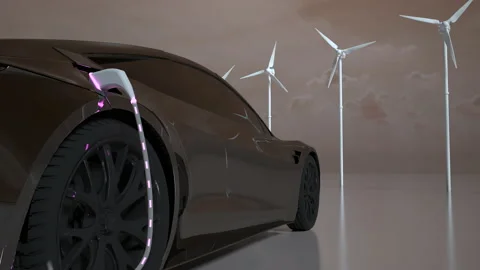 Car charging on the background of a windmills. Charging electric car. Electric c Stock Footage 163352064