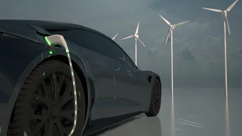 Car charging on the background of a windmills. Charging electric car. Electric c Stock Footage 163355906