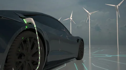 Car charging on the background of a windmills. Charging electric car. Electric c Stock Footage 163356546