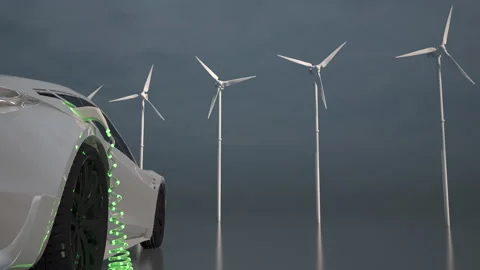 Car charging on the background of a windmills. Charging electric car. Electric c Stock Footage 163405285