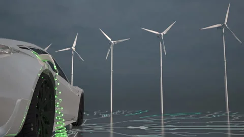 Car charging on the background of a windmills. Charging electric car. Electric c Stock Footage 163406032