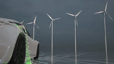 Car charging on the background of a windmills. Charging electric car. Electric c Stock Footage 163406512