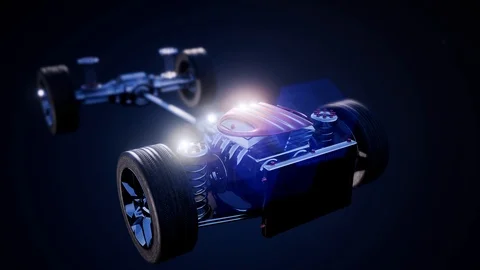 Car chassis with engine and wheels Stock Footage 87643894