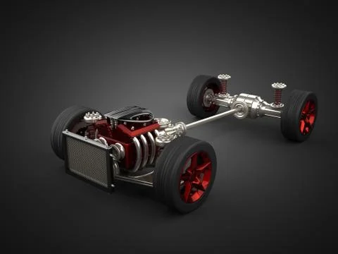 Car chassis with engine and wheels Illustrazione stock