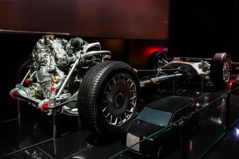 Car chassis, engine with connected gearbox, exhaust manifold, cardan shaft, s Stock-Fotos