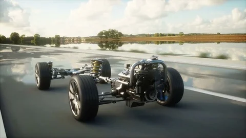 Car chassis with engine on highway. Transition. Very fast driving. Auto concept. 库存影片 74673017