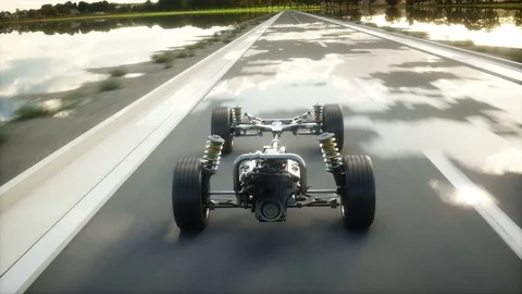 Car chassis with engine on highway. Transition. Very fast driving. Auto concept. Stockbeeldmateriaal 74673648
