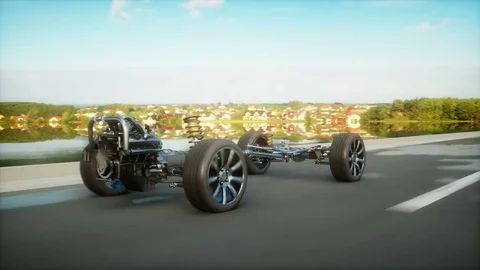 Car chassis with engine on highway. Transition. Very fast driving. Auto concept. Stock Footage 74674157