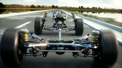 Car chassis with engine on highway. Very fast driving. Auto concept. Realistic 4 库存影片 74675278
