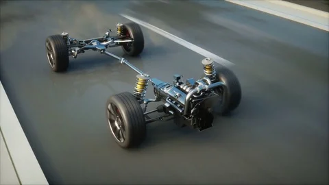 Car chassis with engine on highway. Very fast driving. Auto concept. Realistic 4 Video stock 74676189