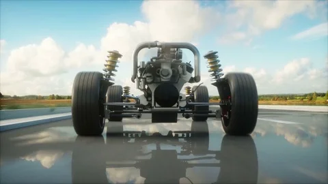 Car chassis with engine on highway. Very fast driving. Auto concept. Realistic 4 Stockbeeldmateriaal 74676637