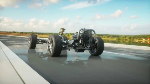 Car chassis with engine on highway. Very fast driving. Auto concept. Realistic 4 Video stock 74676958